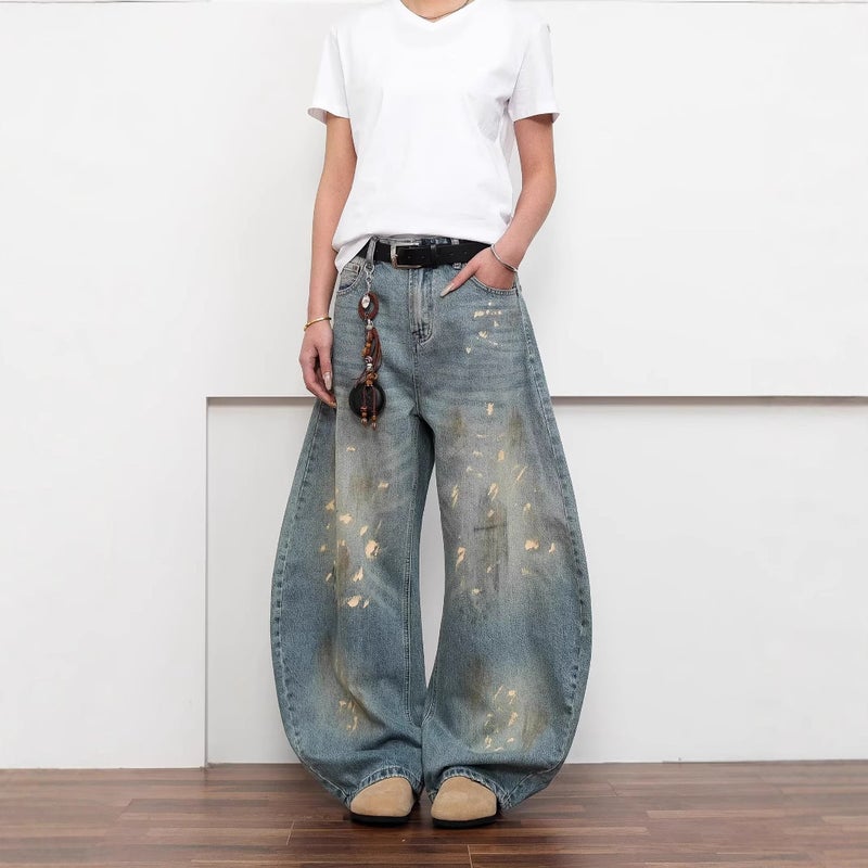 American Retro Splatter Distressed Scimitar Jeans Unisex Ins Niche Trendy Brand Hip-Hop Baggy Loose Long Pants - Image 2